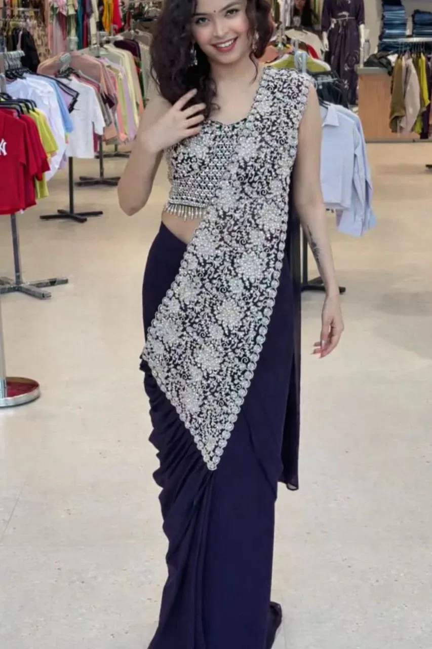 Bt 7146 Faux Georgette Embroidery Sequence Work Ready to Wear Saree