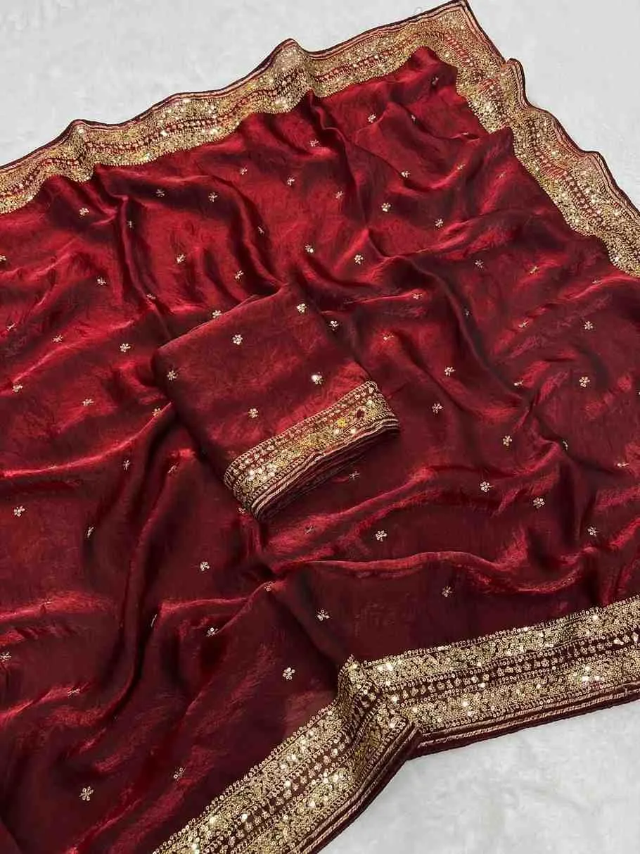 Kc 212 Space Silk Embroidery Sequence Worked Saree Collection