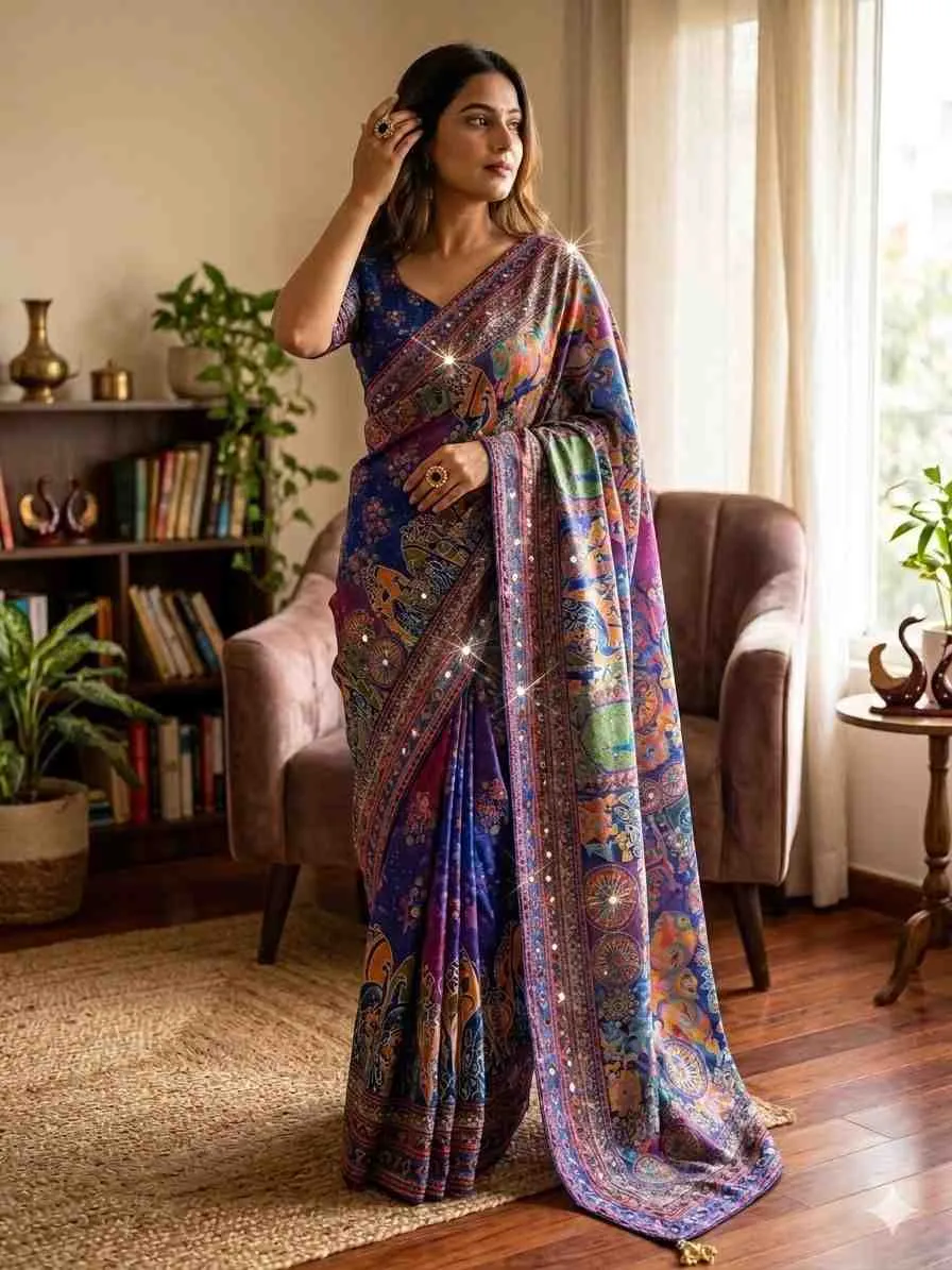 Kc 2132 Soft Chinon Printed Mirror Worked Saree Collection