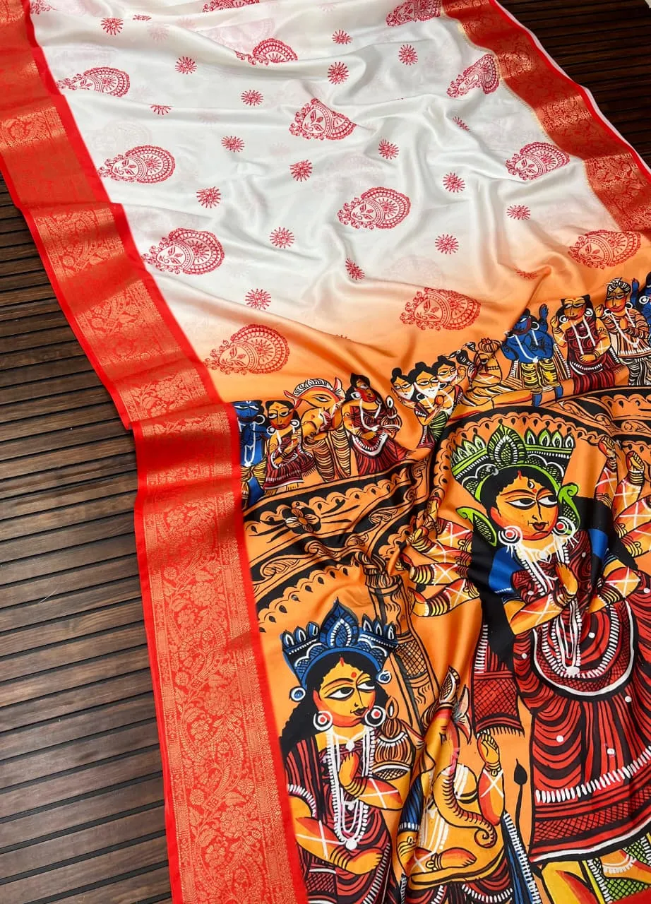 Scjb Durga B Lichi Silk Digital Printed Durga Puja Saree Collection