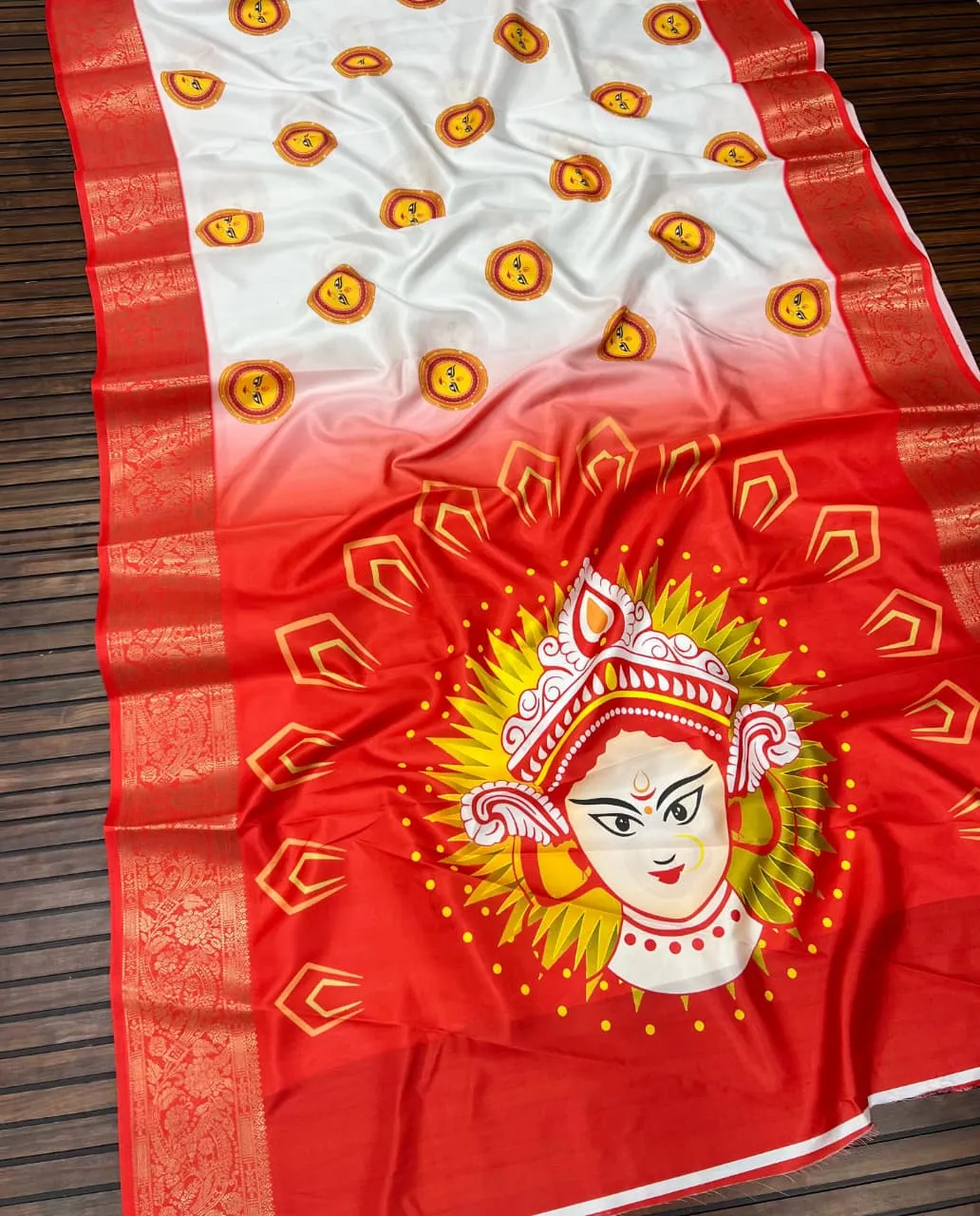 Scjb Durga B Lichi Silk Digital Printed Durga Puja Saree Collection