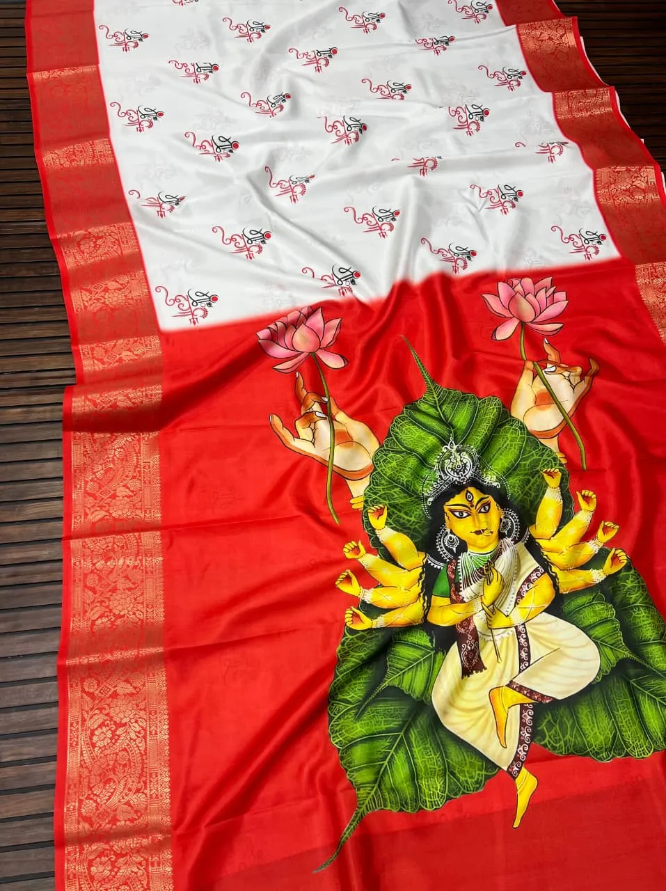 Scjb Durga B Lichi Silk Digital Printed Durga Puja Saree Collection
